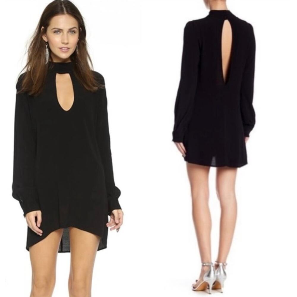 For Love & Lemons High Neck Keyhole Low Back Long Sleeve Black Witchy Mini Dress